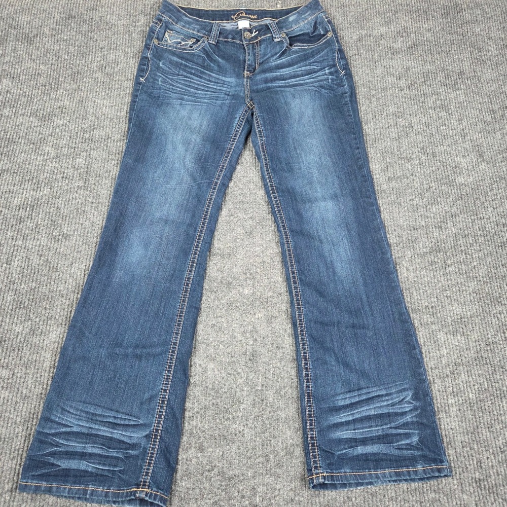 Piama Womens Bootcut Jeans Dark‎ Wash Embroidered Flap Pocket Blue DZD3123PM 12